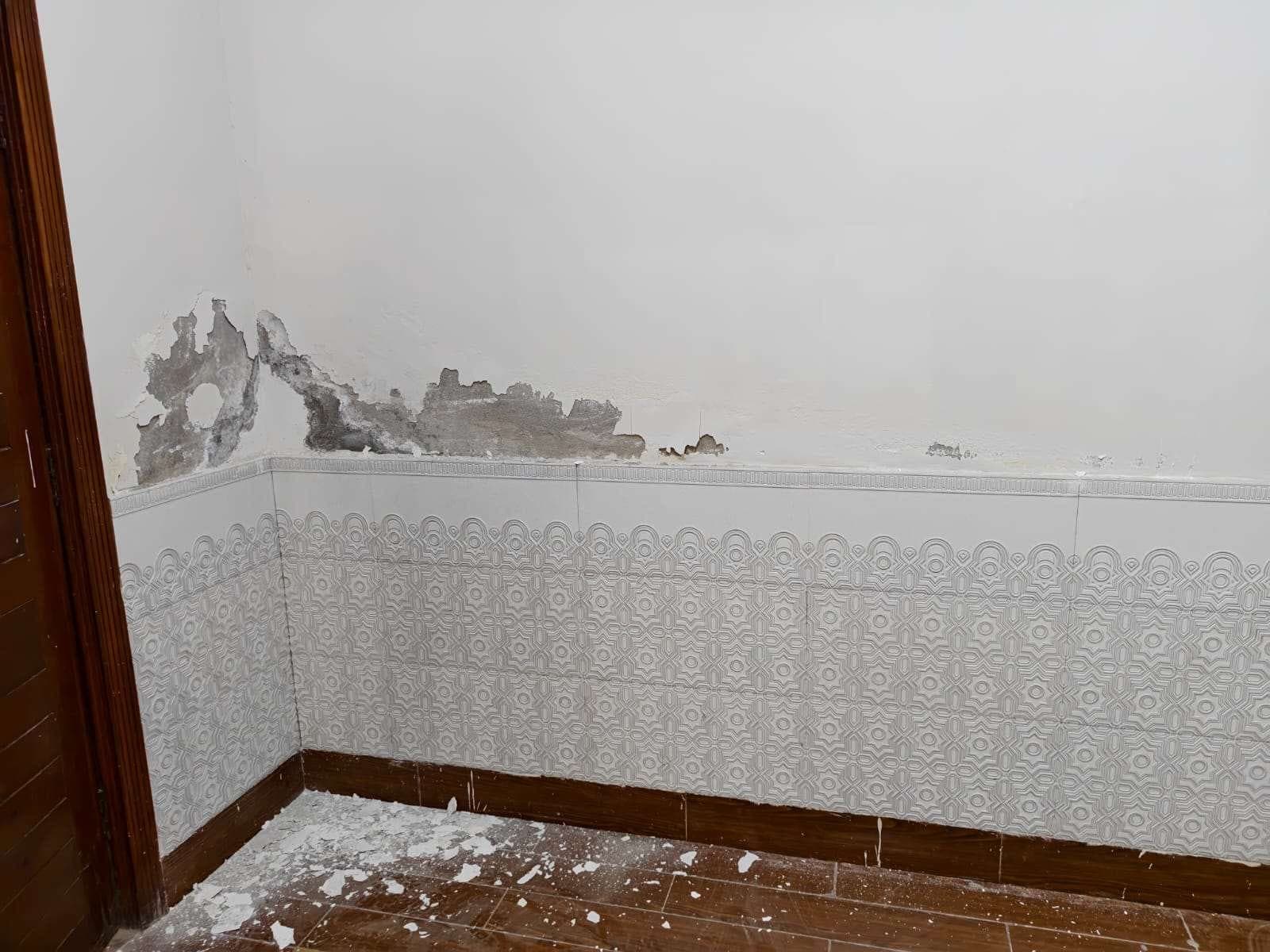 Damp and flaking plaster at DPC level: Ground floor bedroom
