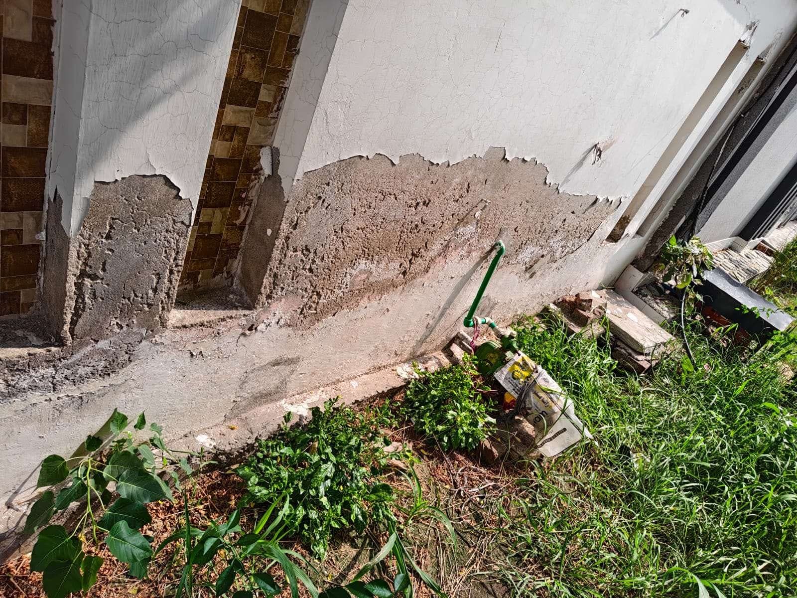 Rising damp on the outer wall: Road-side wall, at the base
